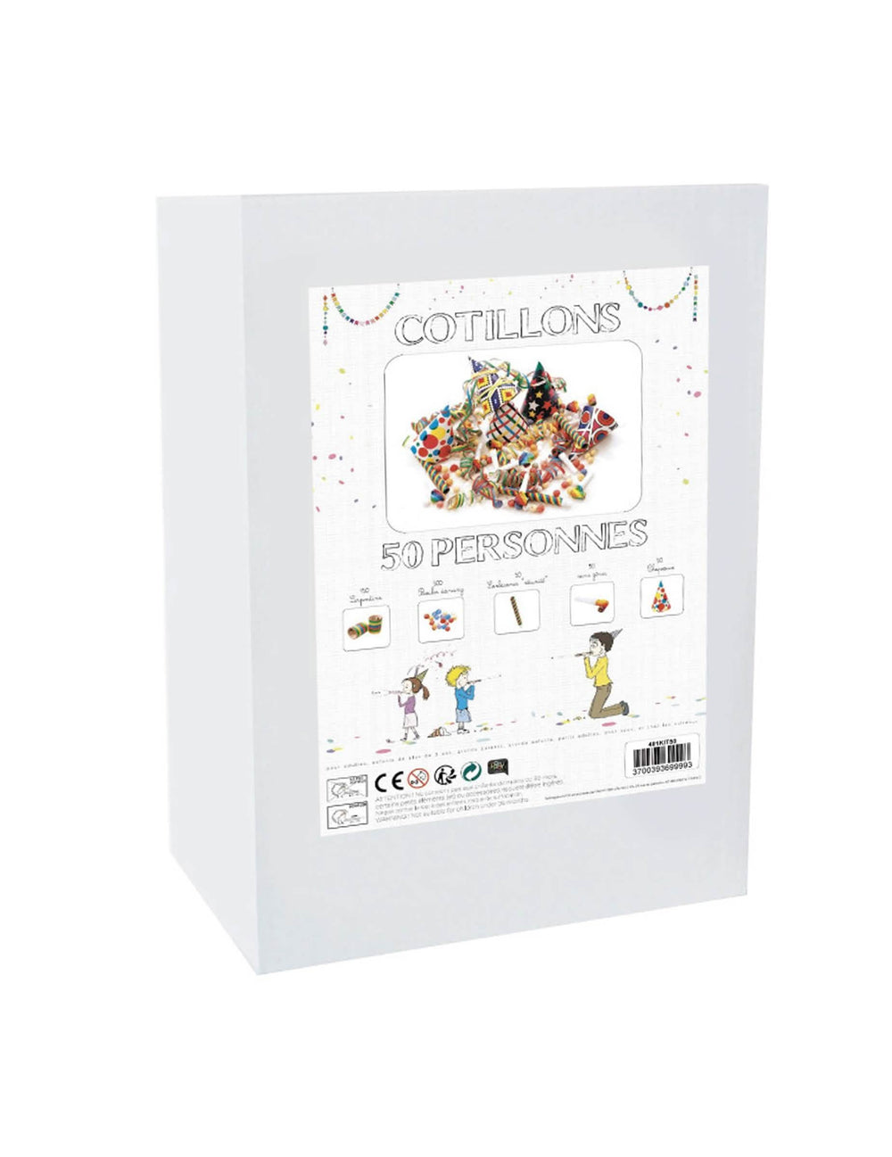 Vue du packaging du coffret cotillons multicolores pour 50 personnes