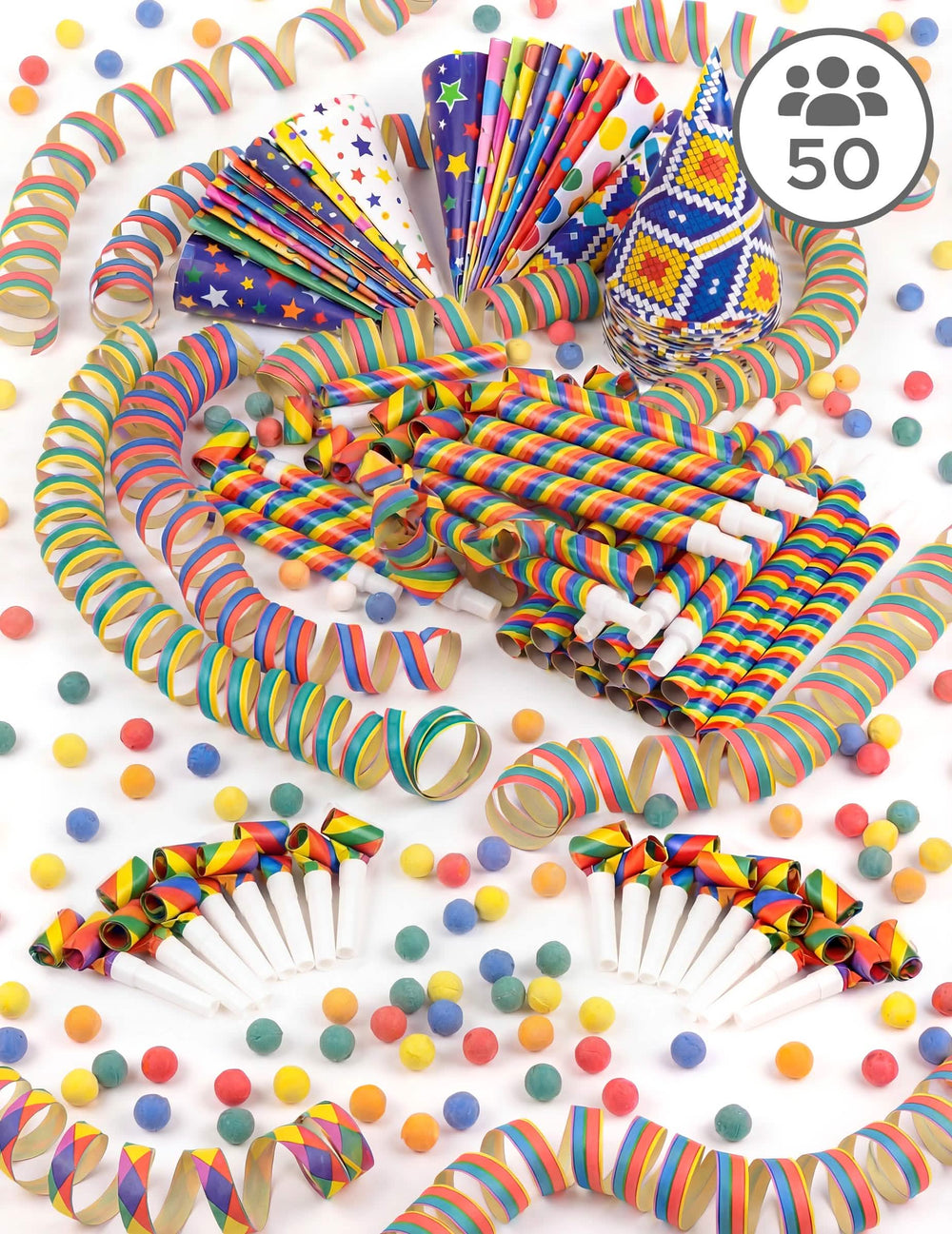 Coffret cotillons multicolores pour 50 personnes avec serpentins, sans-gênes et chapeaux