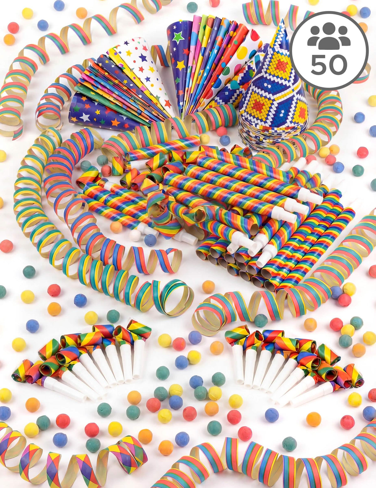 Coffret cotillons multicolores pour 50 personnes avec serpentins, sans-gênes et chapeaux