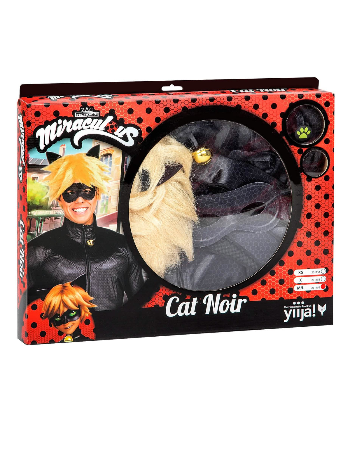 Caja de embalaje del set de disfraz gato negro Miraculous para adulto