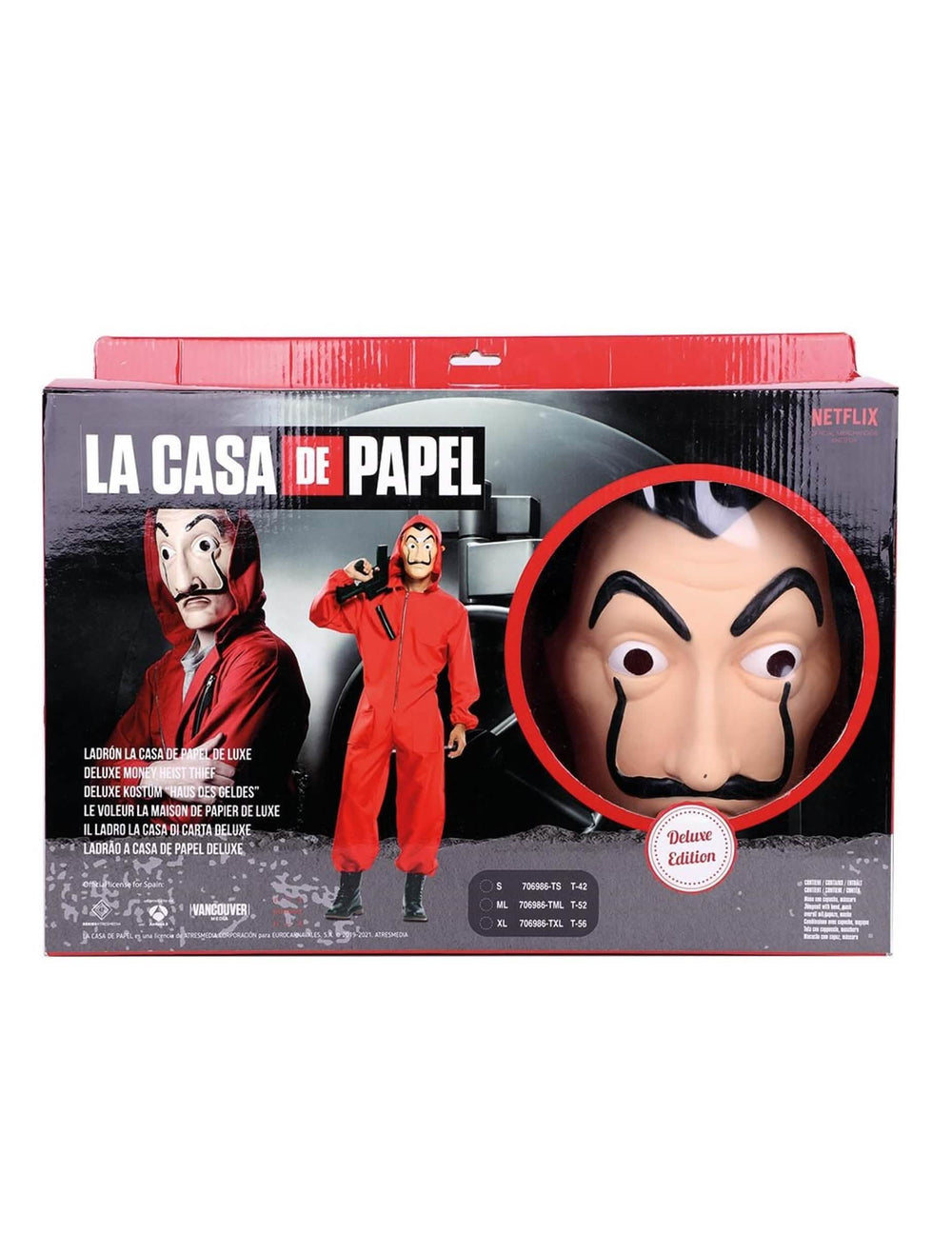 Vista del embalaje del set disfraz y máscara de de lujo La Casa de Papel para adulto