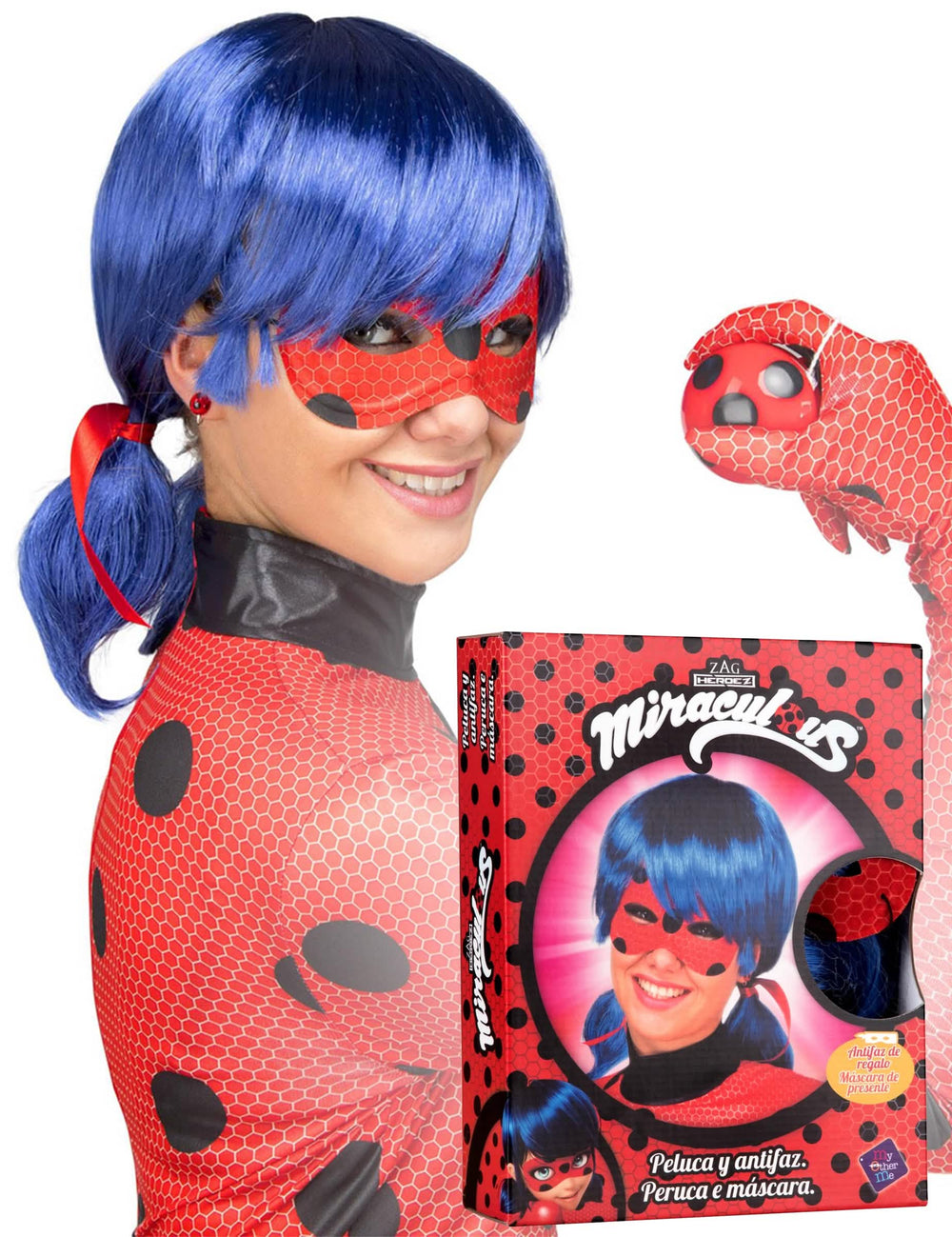 Caja de embalaje del conjunto de peluca y máscara Ladybug para adulto