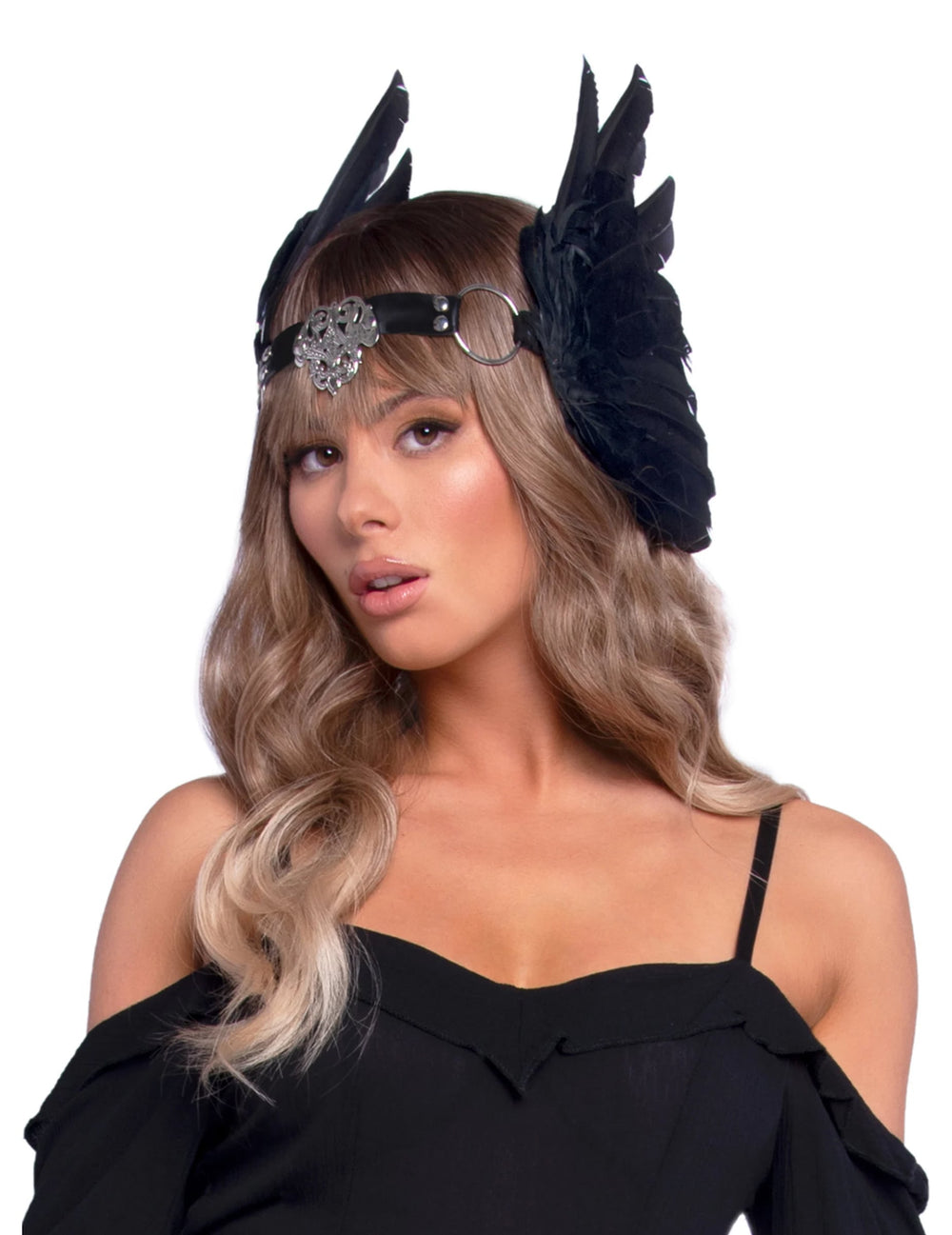 Coiffe ailes d'ange luxe pour adulte noire avec plumes et ornements argentés