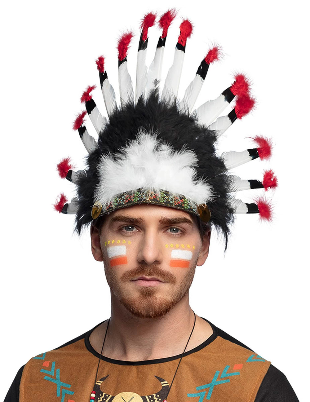 Penacho de indio con plumas para adulto negro blanco y rojo