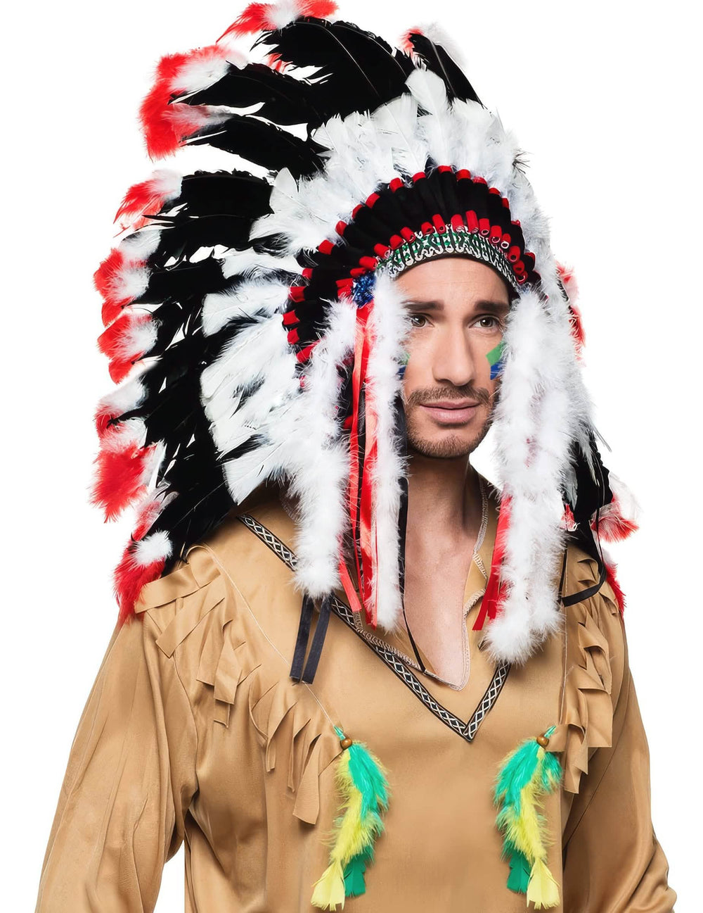 Coiffe de indio de lujo para adulto negro blanco y rojo