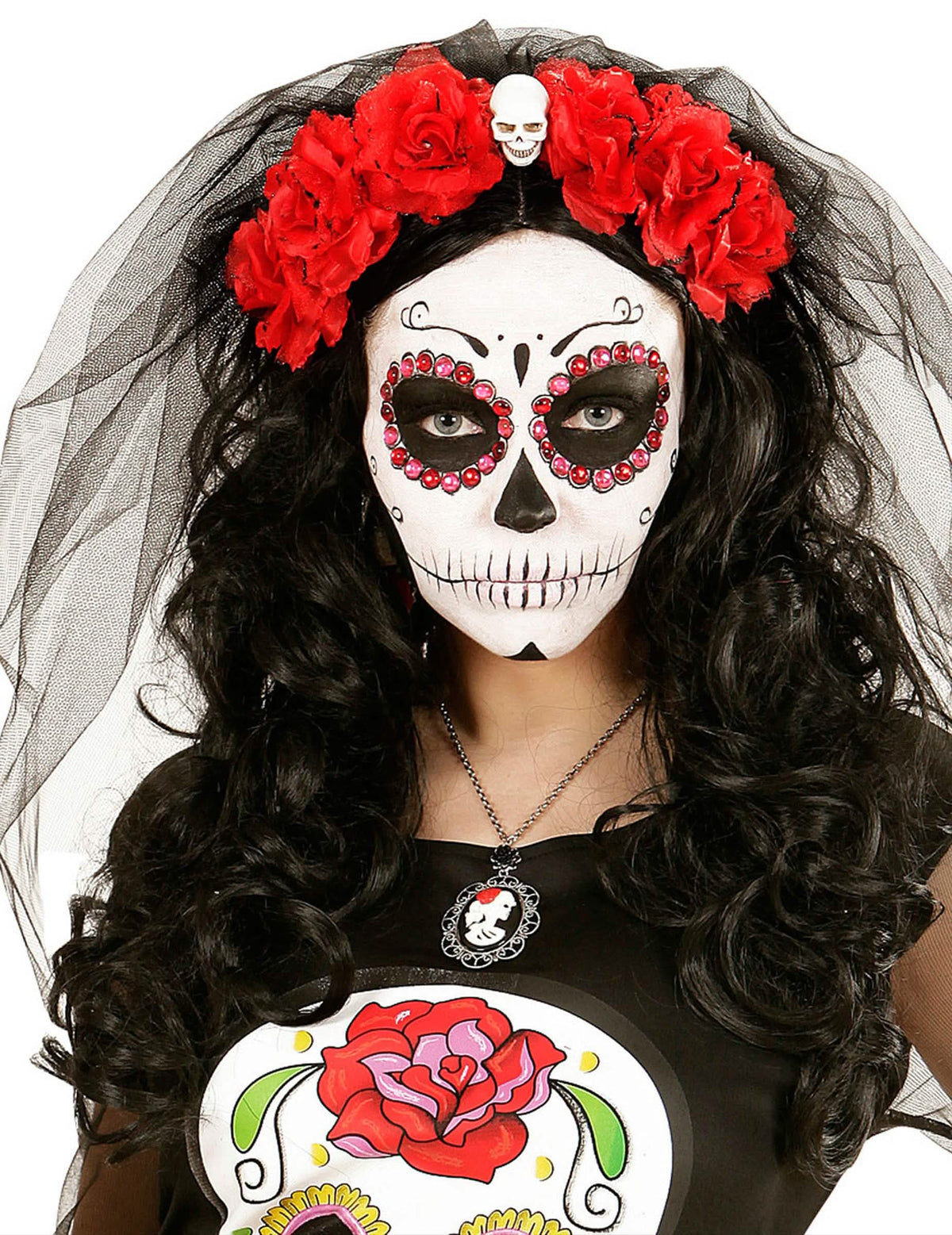 Coiffe de flores rojas con calavera día de los muertos para mujer con velo negro