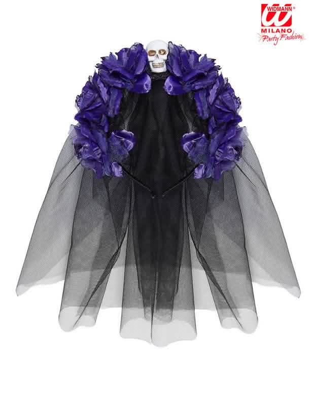 Vue du voile de la coiffe fleurs violettes avec tête de mort Dia de los muertos