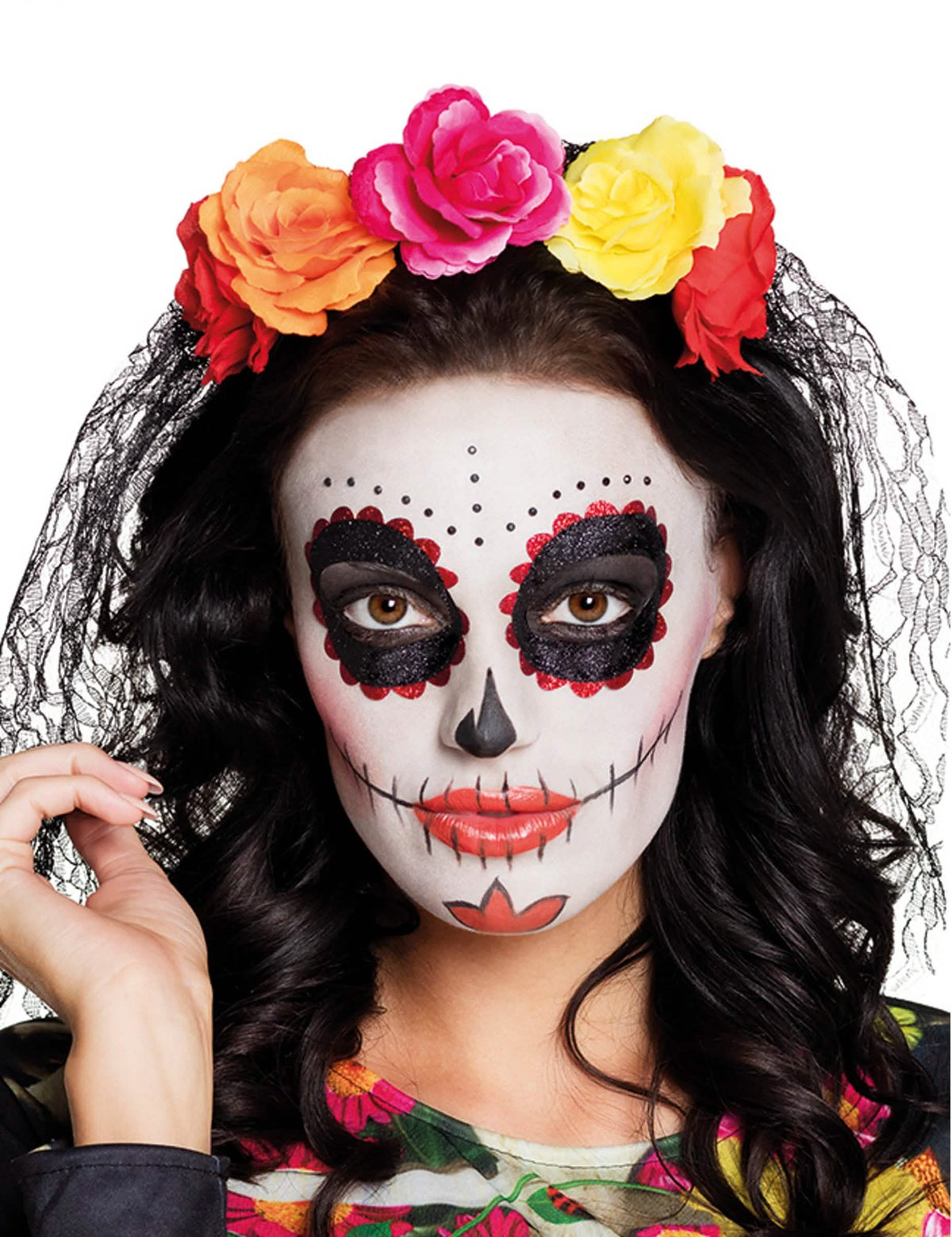 Tocado día de los muertos para adulto con grandes rosas multicolores y velo de encaje negro