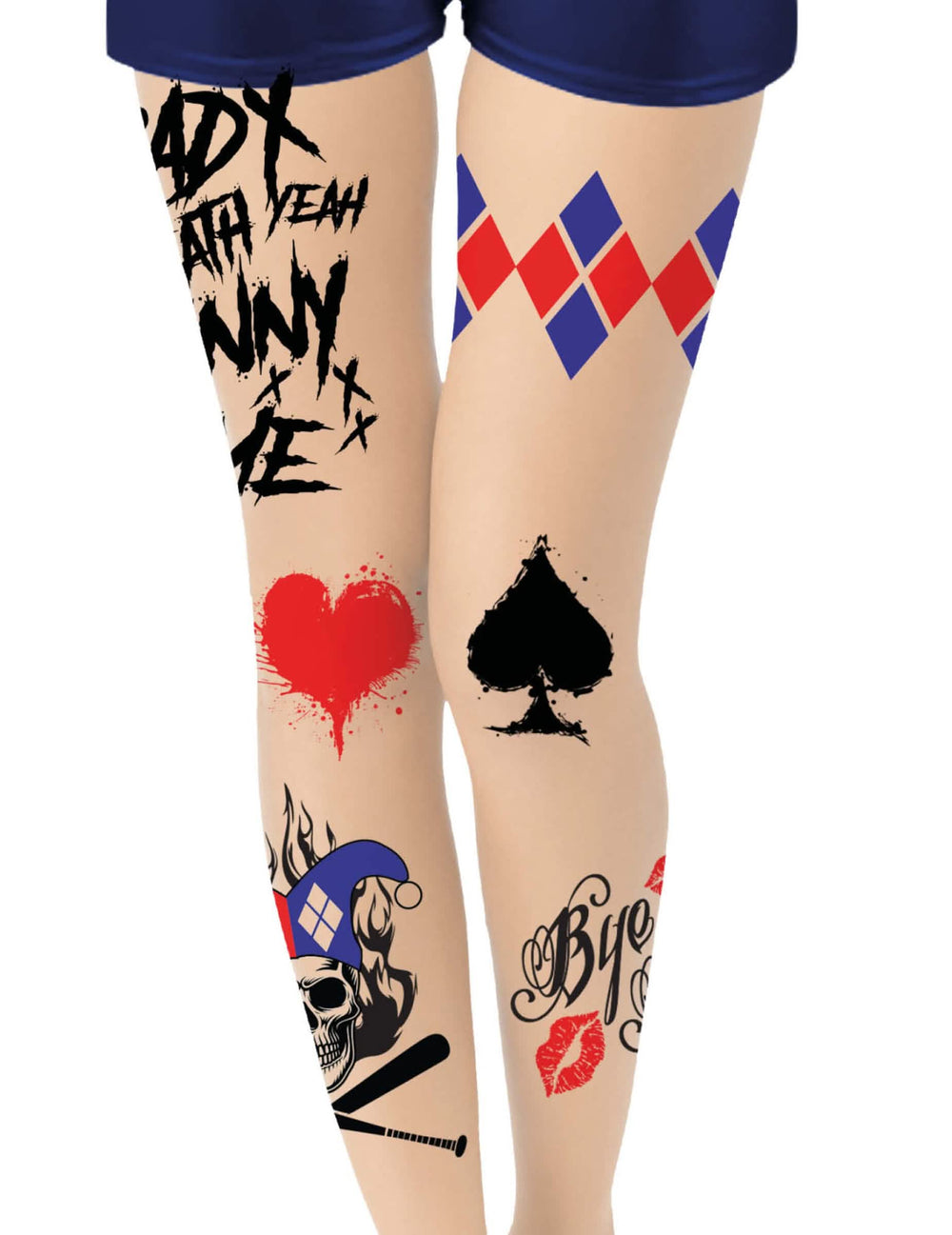 Collants arlequin maléfique pour adulte beige avec motifs tatouages rouges et bleus