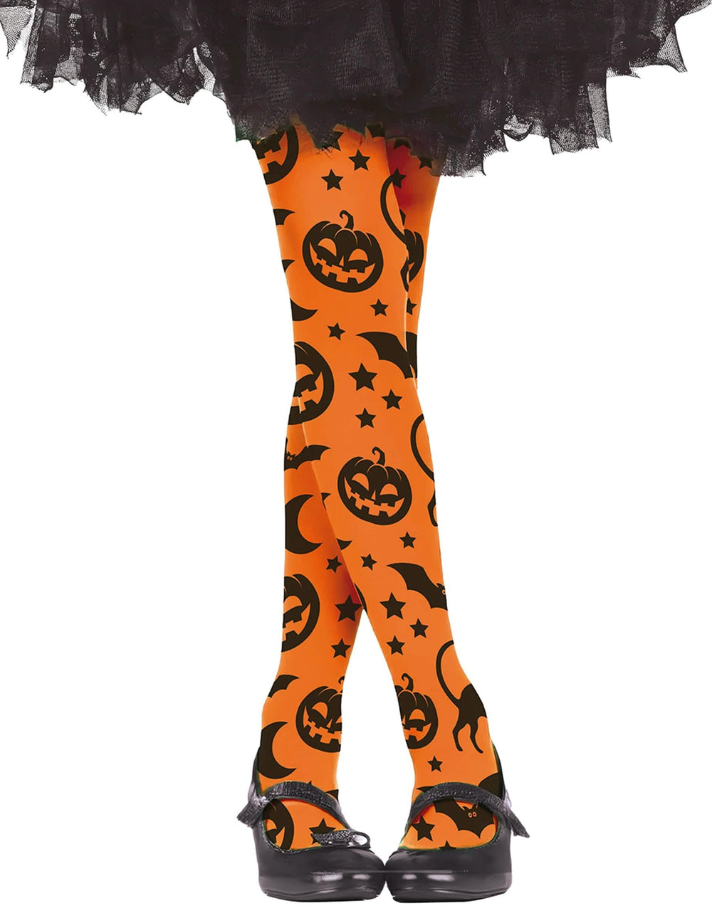 Collants citrouilles pour enfant orange et noir avec chauves-souris et étoiles