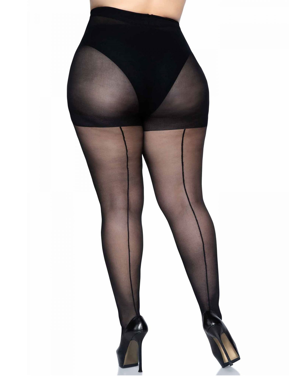 Détail du haut des jambes et des coutures de dos du collant couture pour femme