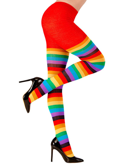 Détail du motif à rayures des collants multicolores pour adulte