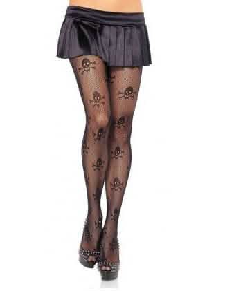 Medias de rejilla con calaveras de pirata para mujer negras con motivos de calaveras