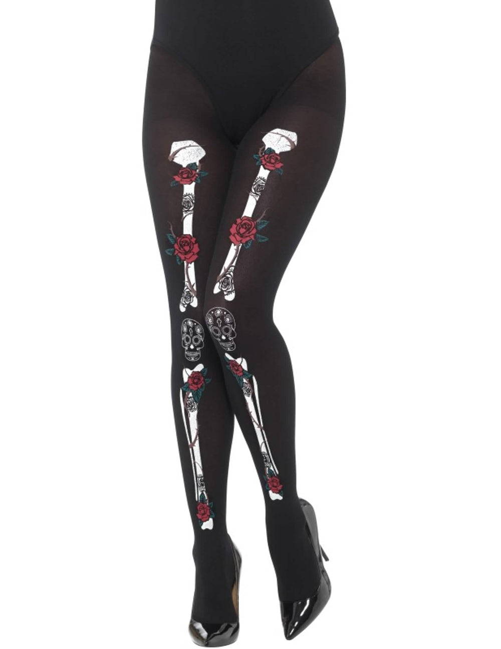 Medias esqueleto día de los muertos para adulto negras con motivos de huesos y rosas rojas