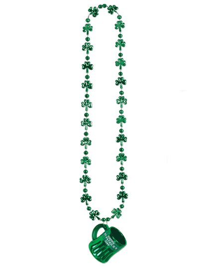 Collier St Patrick pour adulte vert avec pendentif chope et perles trèfles