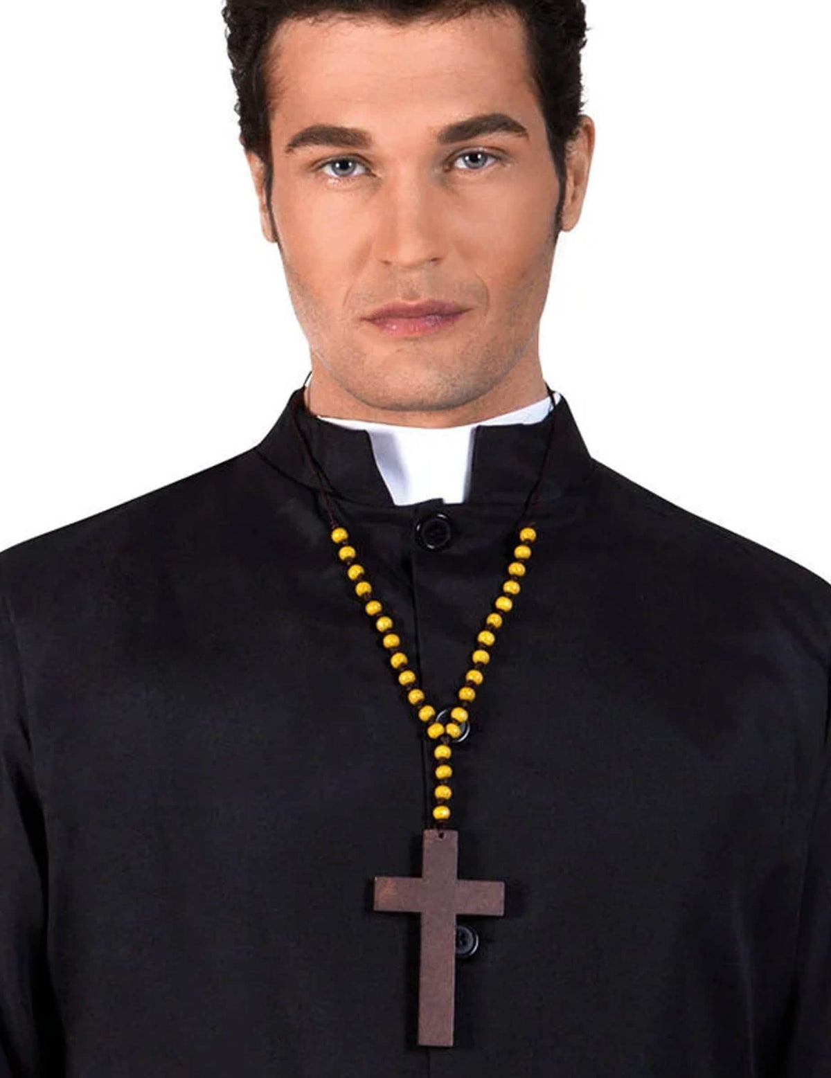 Collar de cruz de monje para adulto marrón con perlas amarillas