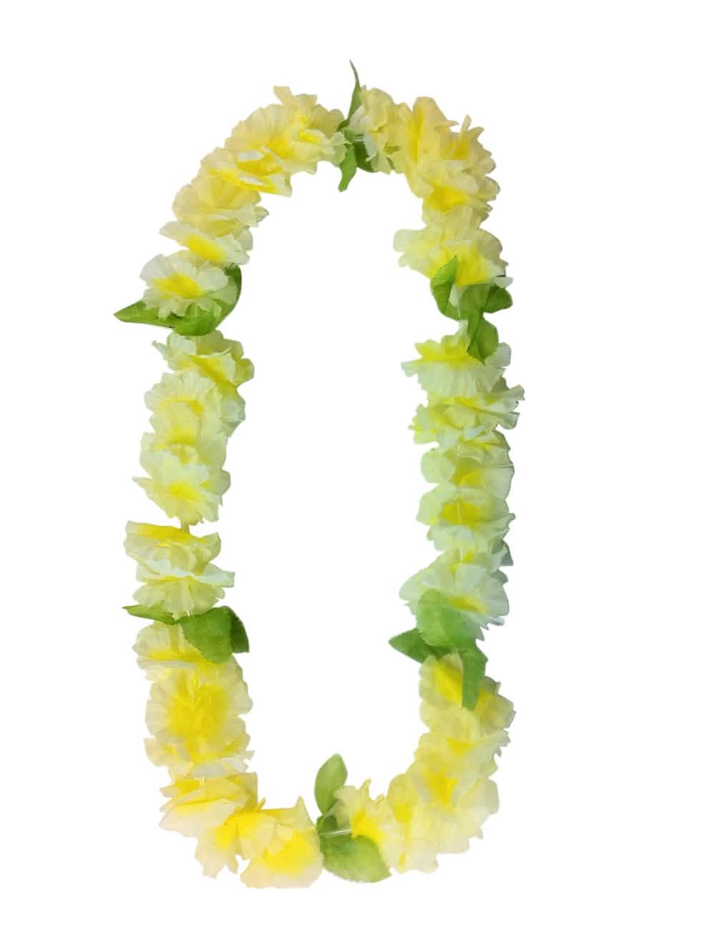Collar de flores hawaianas para adulto amarillo y blanco con hojas verdes