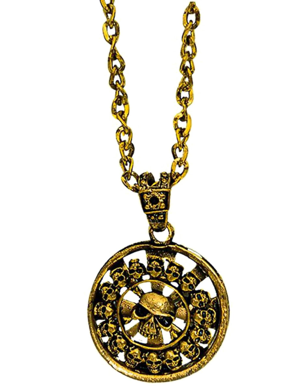 Collier pendentif pirate pour adulte doré avec têtes de mort