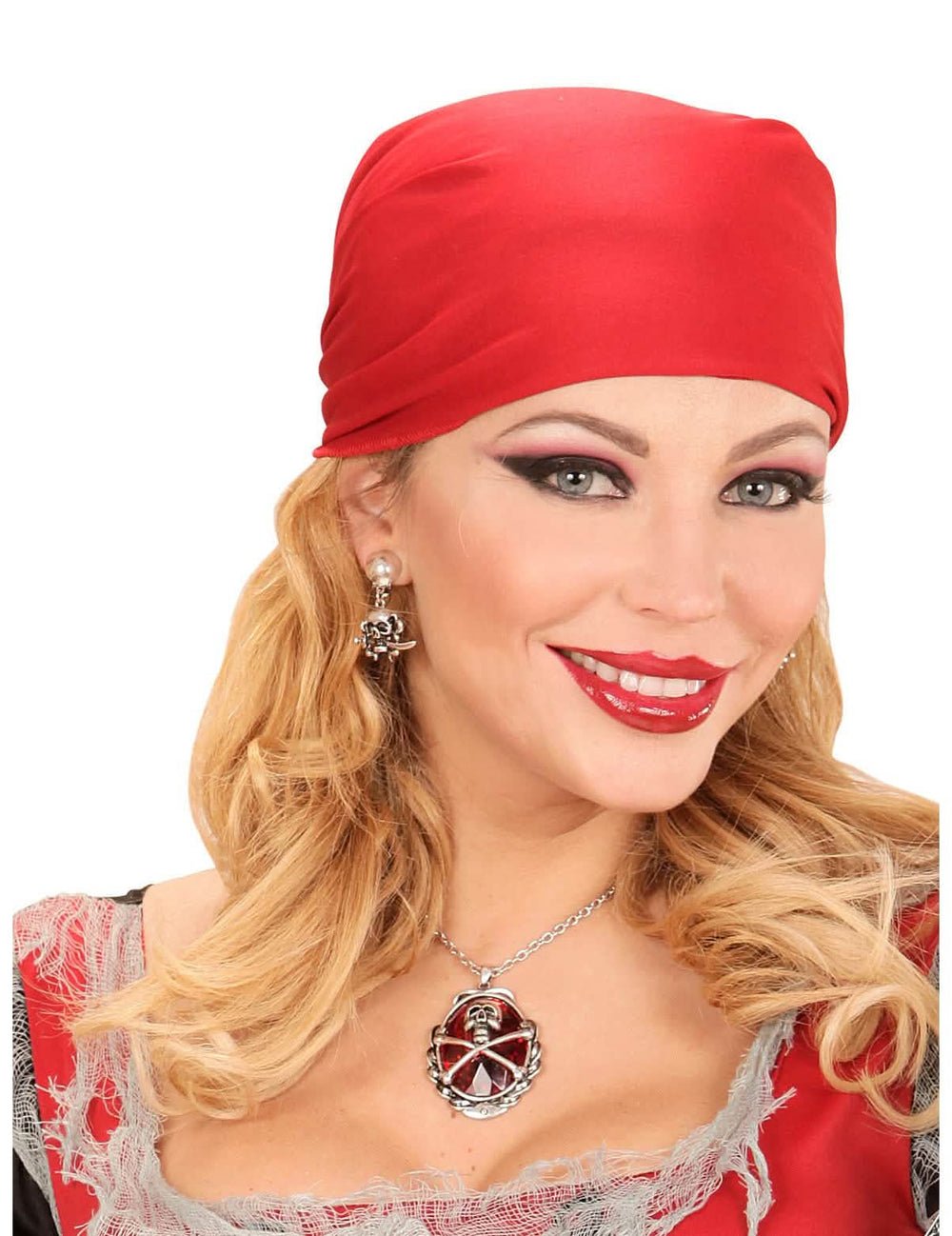 collar de pirata para mujer con piedra preciosa rojo y medallón de calavera