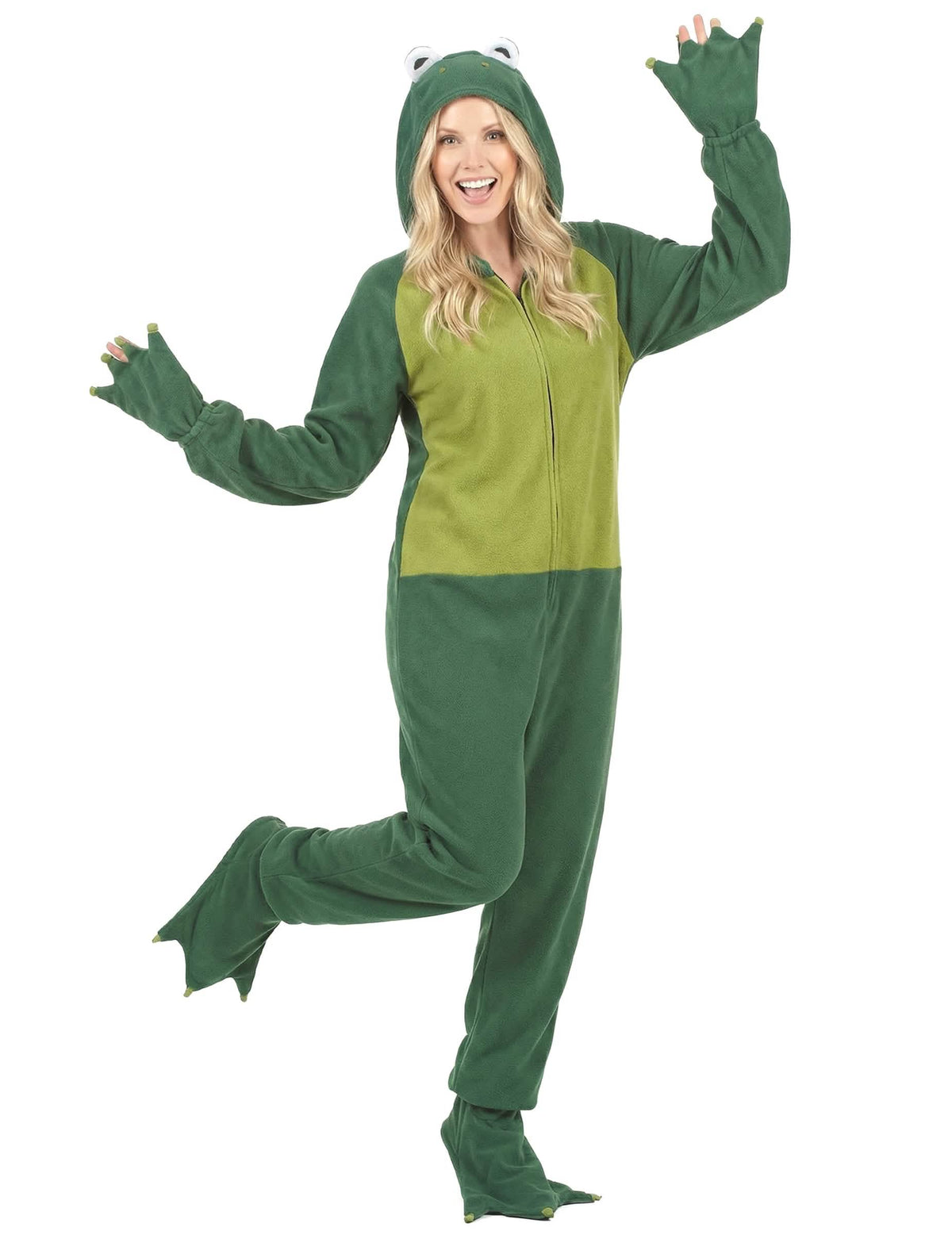 Mono con capucha de rana para mujer verde y verde claro con capucha con cabeza de rana y pies palmeados