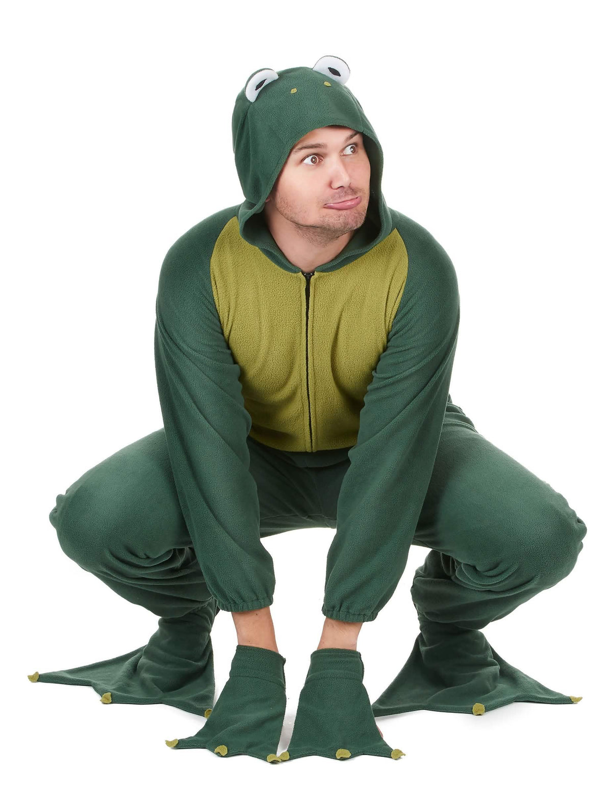 Mono con capucha de rana para hombre verde y amarillo con aletas