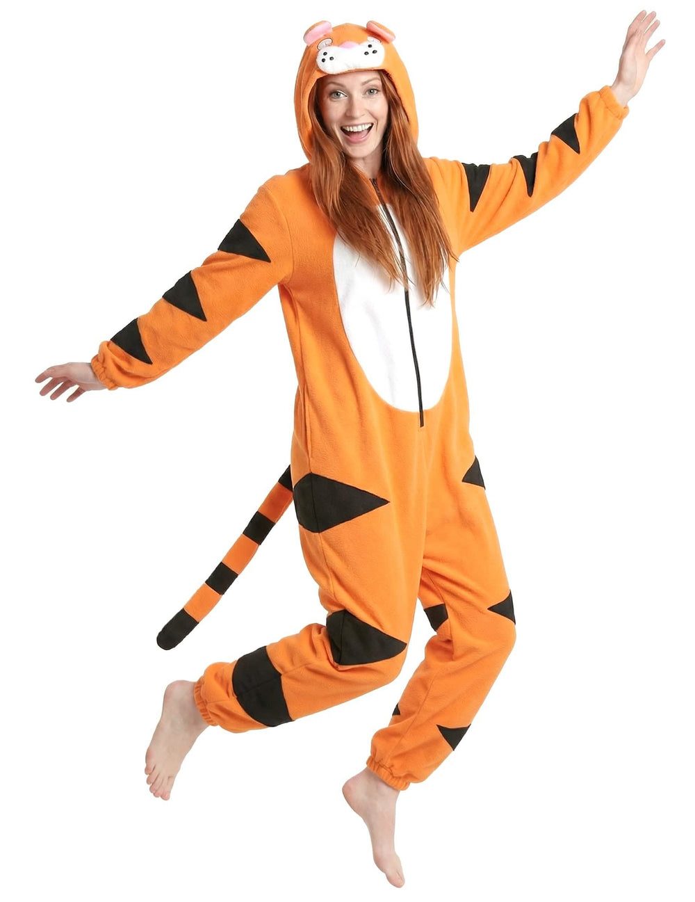 Mono con capucha de tigre para mujer naranja y negro con cola y vientre blanco