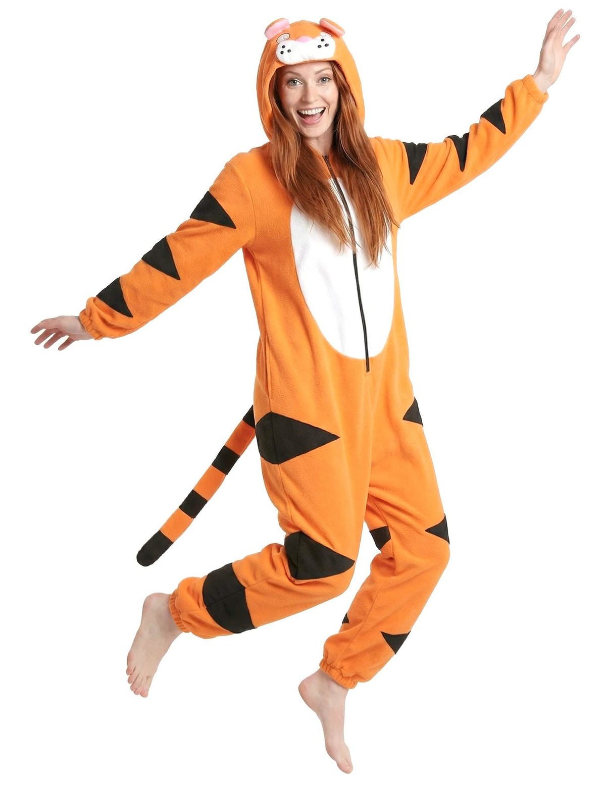Mono con capucha de tigre para mujer naranja y negro con cola y vientre blanco