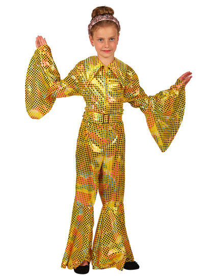 Disfraz de mono disco amarillo con lentejuelas para niña