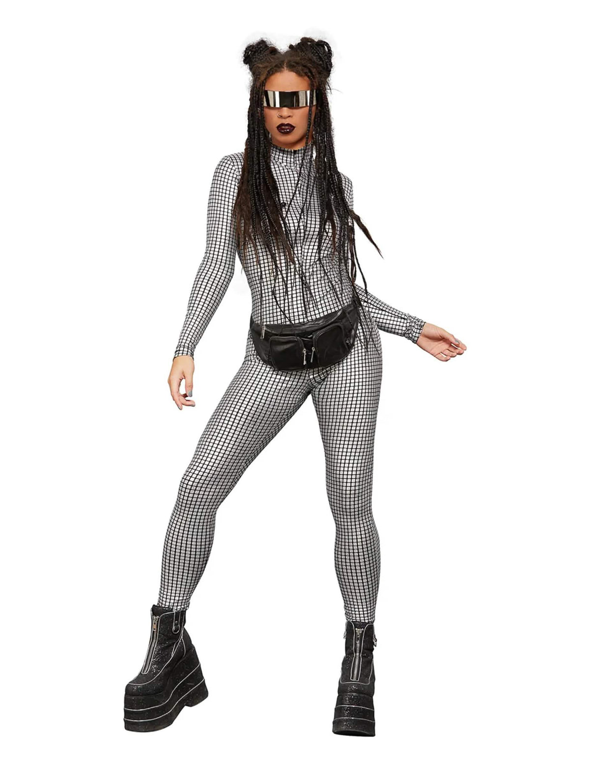 Combinaison holographique disco pour femme argentée à motifs carreaux