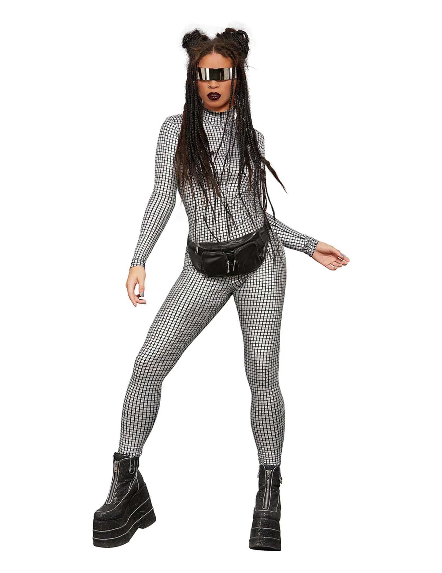 Combinaison holographique disco pour femme argentée à motifs carreaux