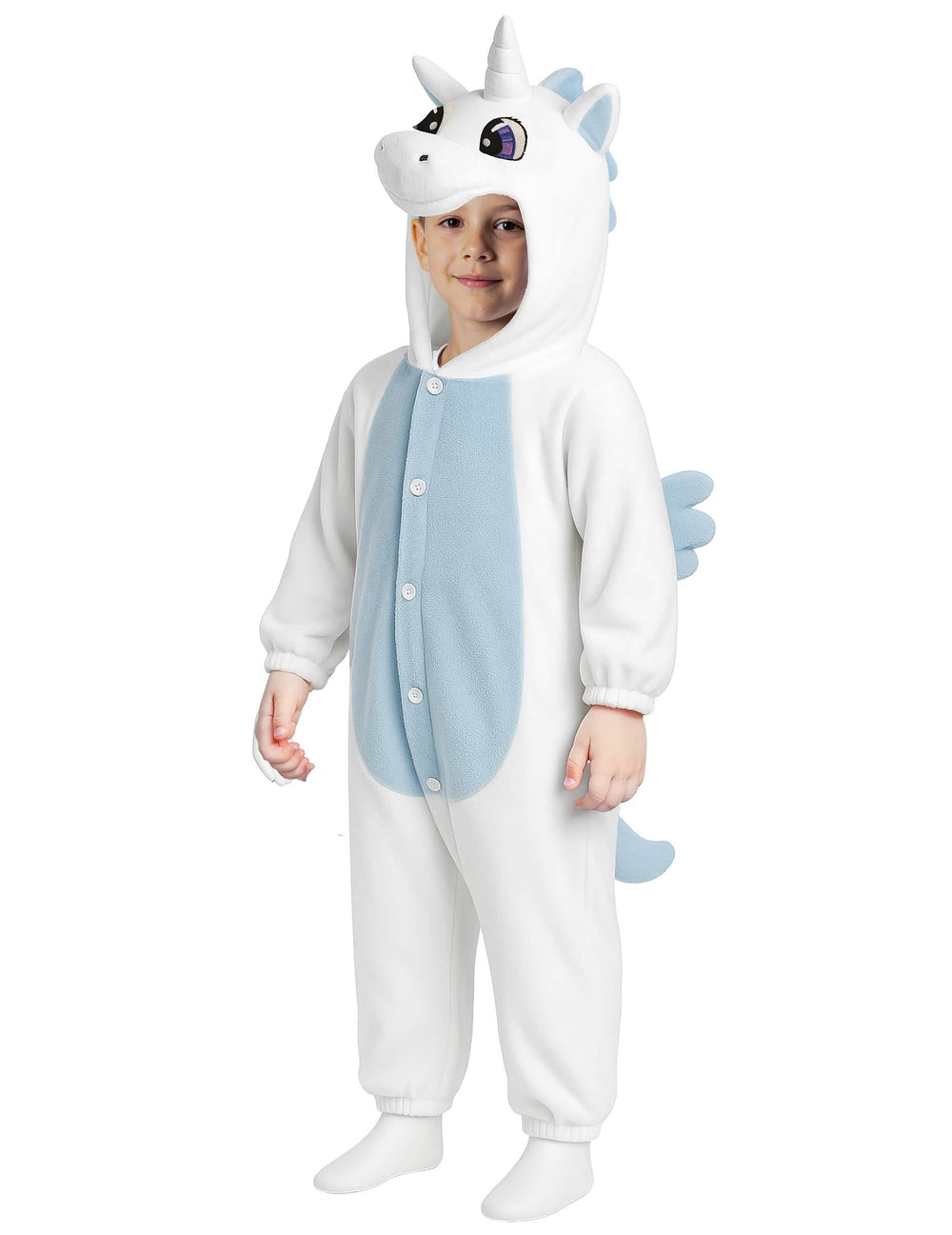 Vista frontal del mono de unicornio para niño blanco y azul