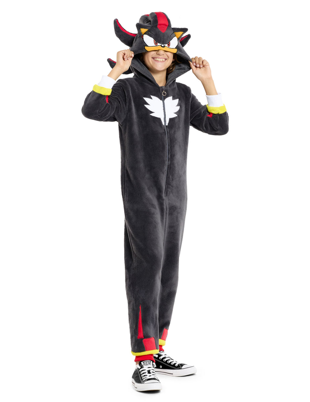 Combinaison Shadow Sonic™ pour enfant noire avec capuche à oreilles et piques rouges