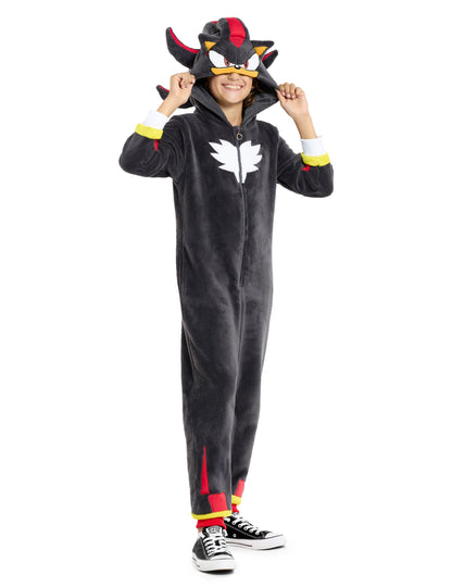 Combinaison Shadow Sonic™ pour enfant noire avec capuche à oreilles et piques rouges
