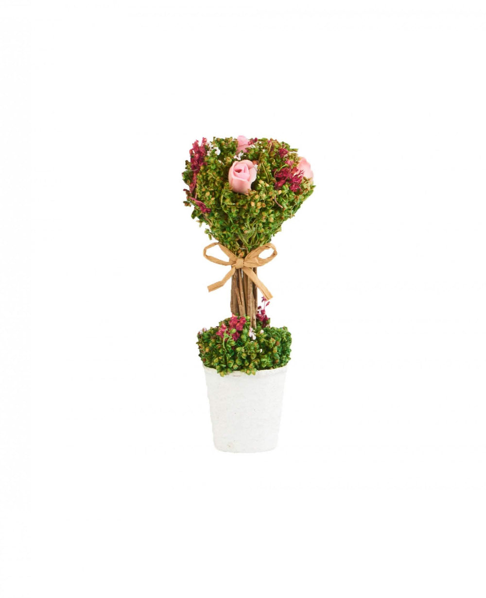 Composition de fleurs séchées et roses pour décoration avec roses roses et nœud en jute dans un pot blanc
