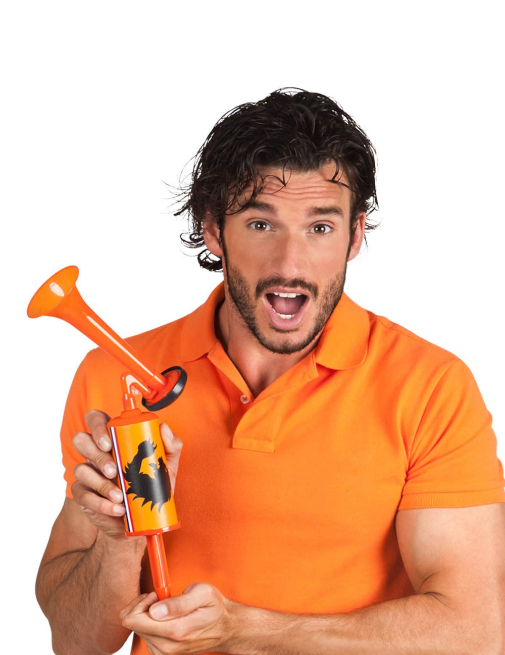 Corne de brume supporter Pays-Bas pour adulte orange avec logo lion noir