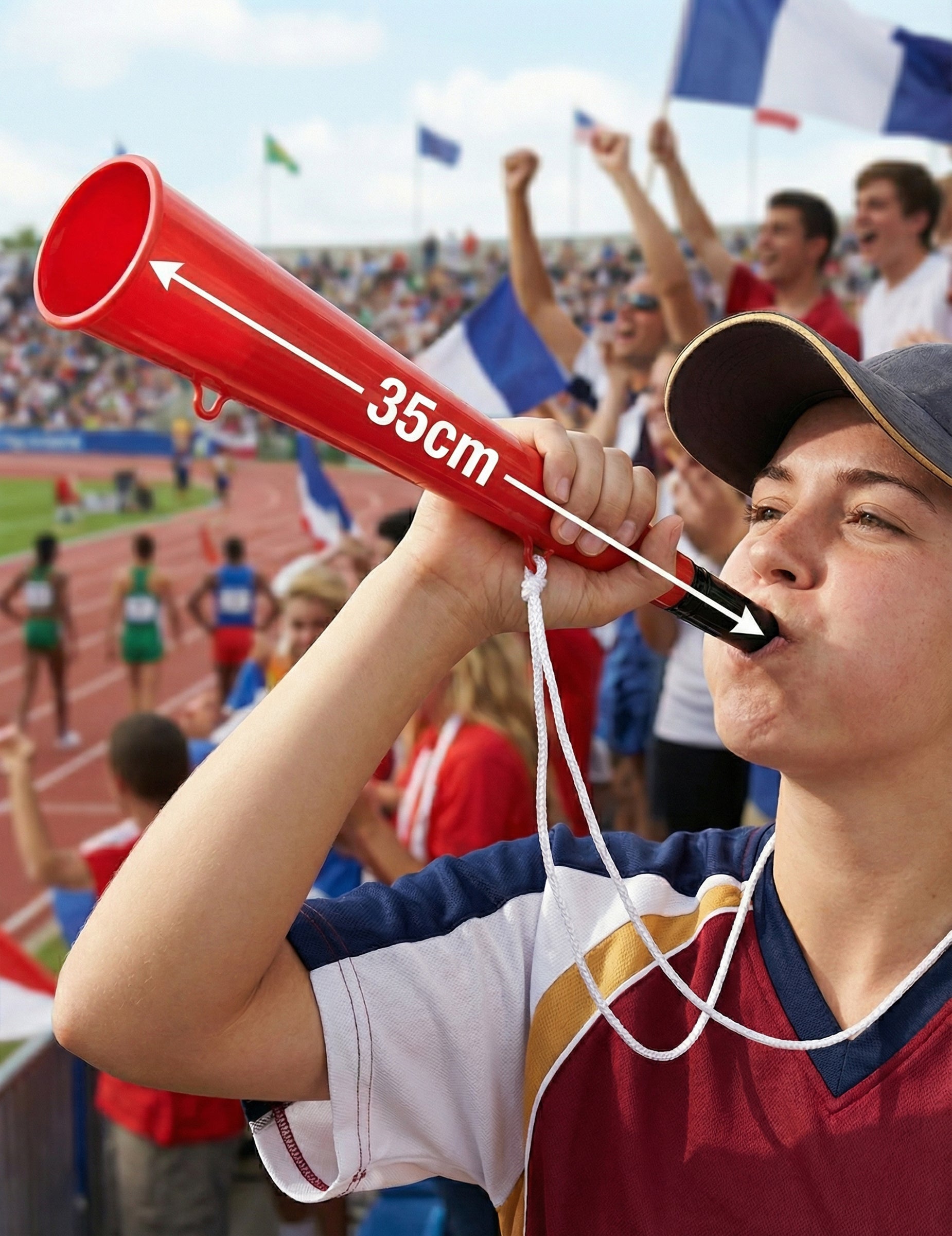Détail de la longueur de la corne de supporter pour adulte rouge