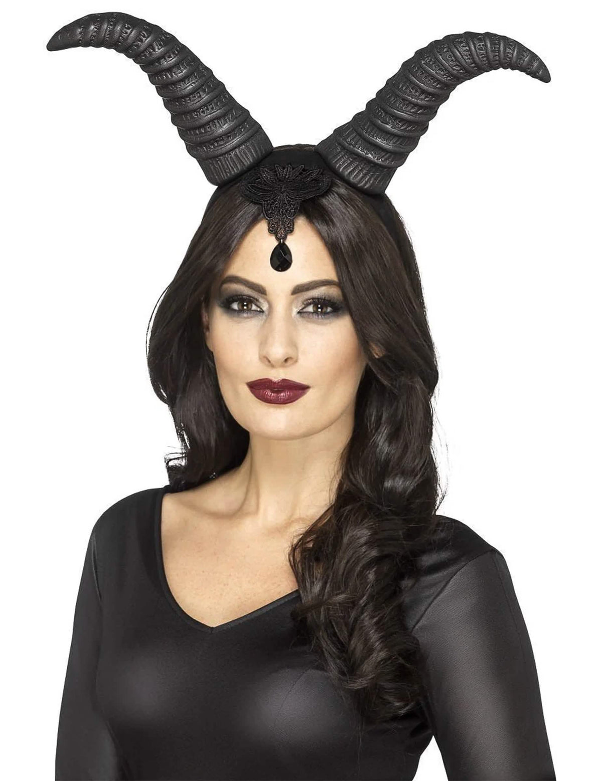Cuernos de reina demoníaca para mujer negros con encaje y joya