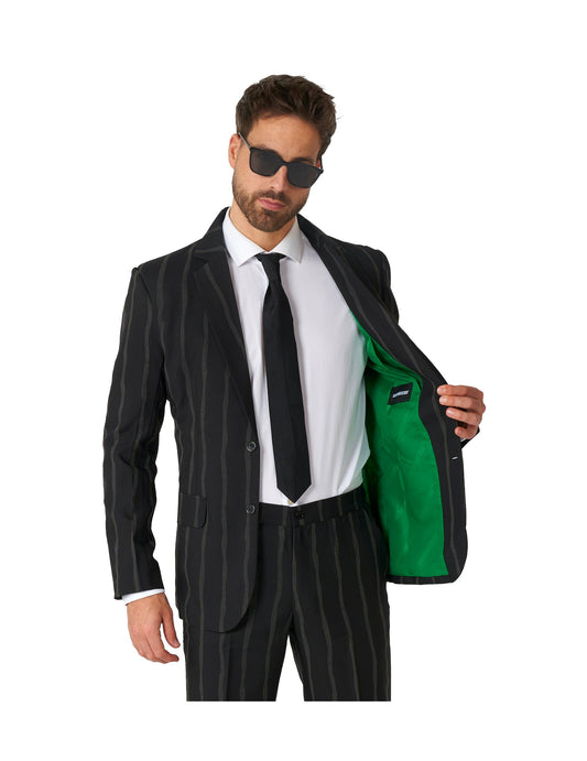 Détail de la doublure verte du costume à rayures phosphorescentes Suitmeister
