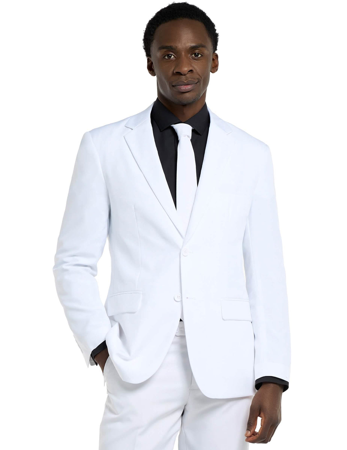 Primer plano de la chaqueta y la corbata del traje Mr. blanco Opposuits