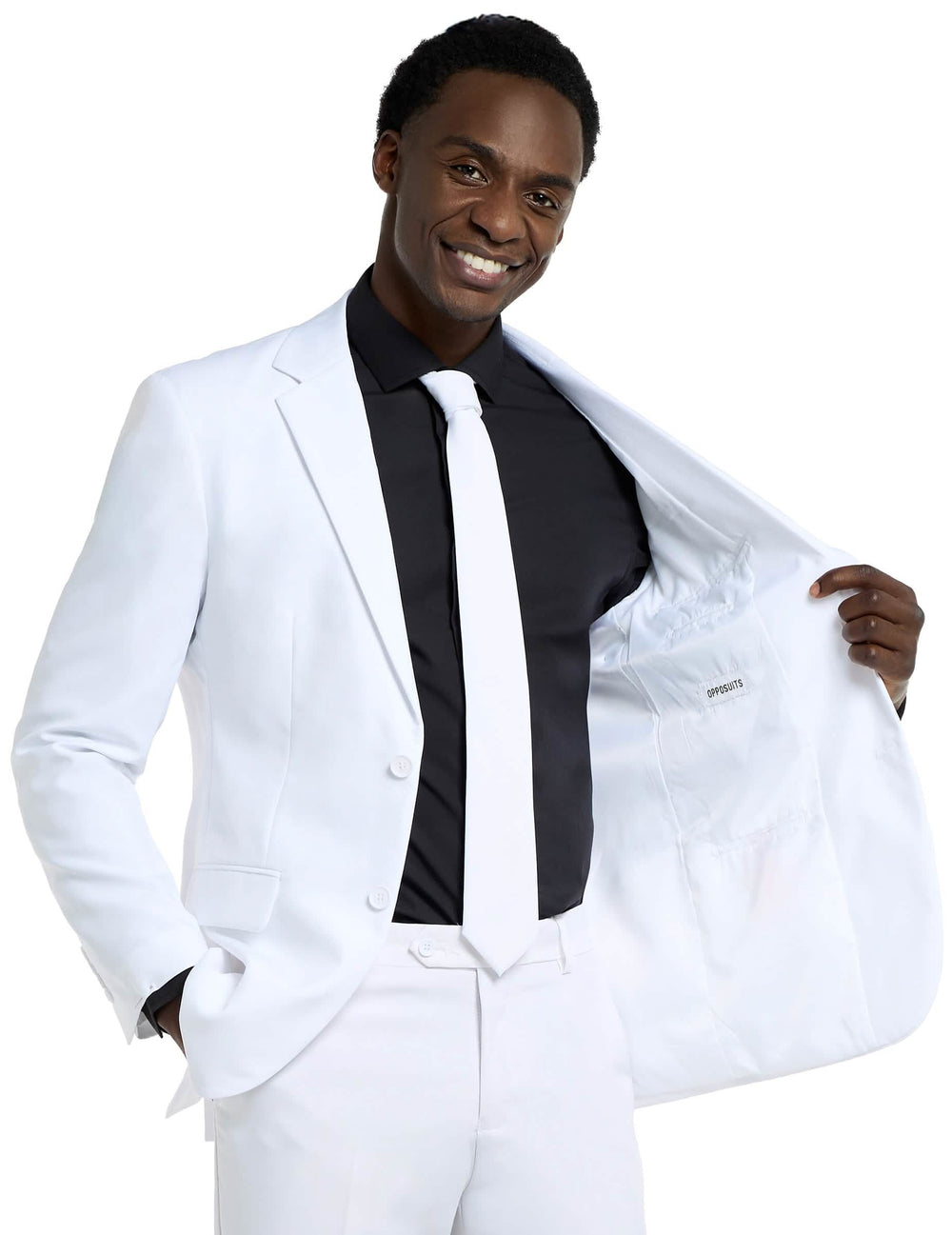Detalle del forro de la chaqueta del traje Mr. blanco Opposuits