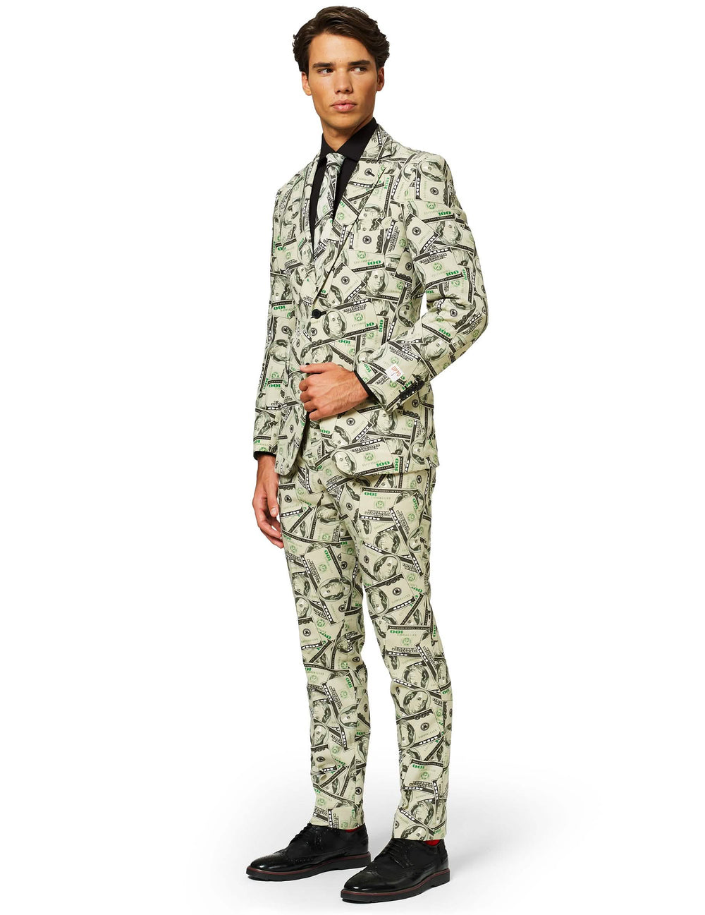 Disfraz Mr. Cashanova para hombre estampado con billetes de banco beige y verde
