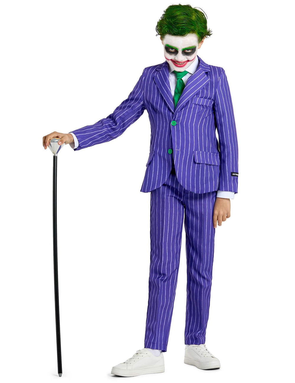 Disfraz de Mr. Joker para niño violeta a rayas con corbata verde