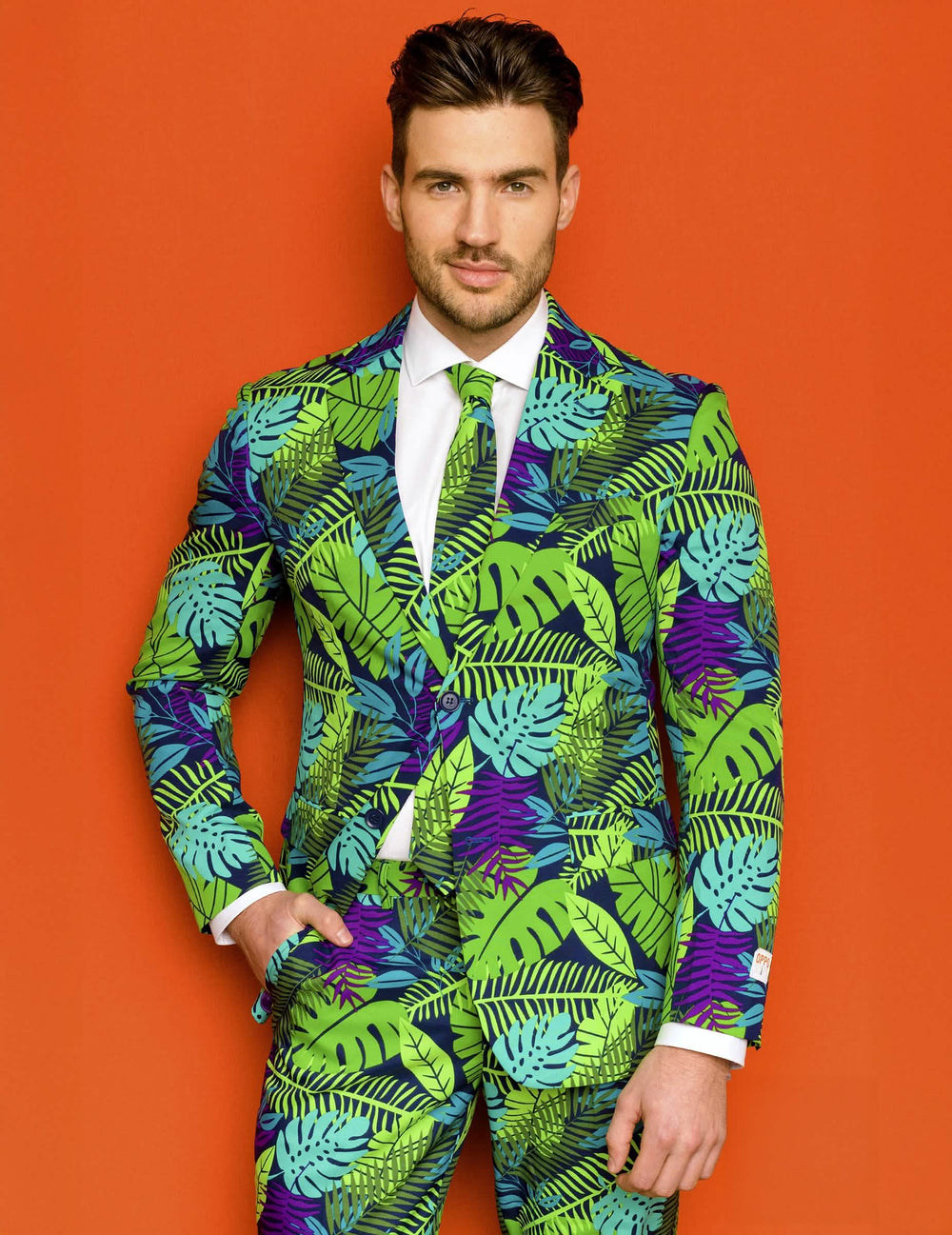 Vista frontal del traje Mr. Juicy selva para hombre