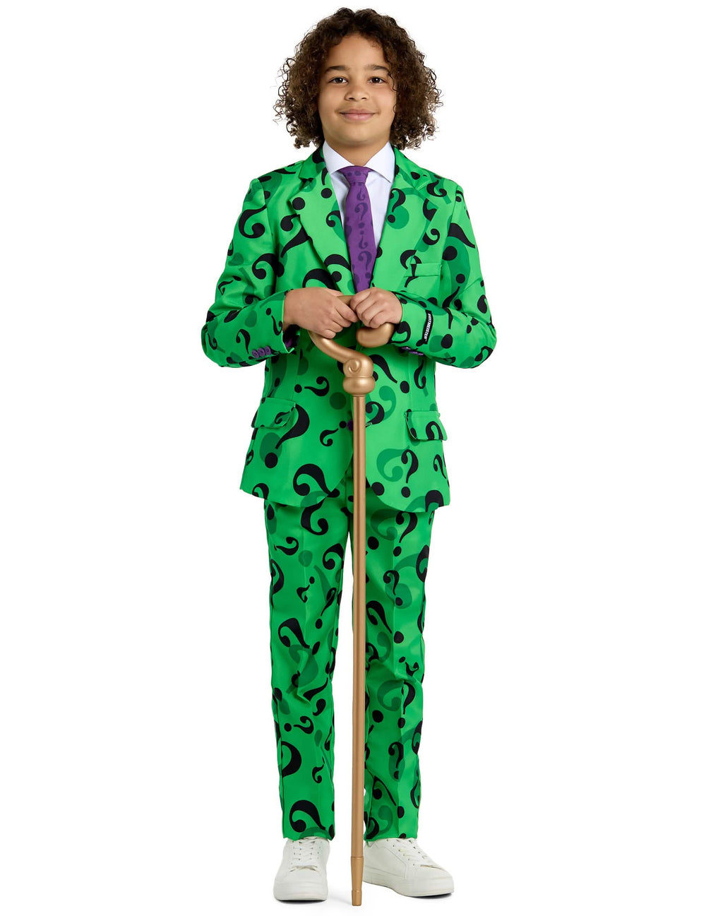 Disfraz Mr. Riddler™ Suitmeister™ para niño verde con motivos de puntos de interrogación negros y corbata violeta