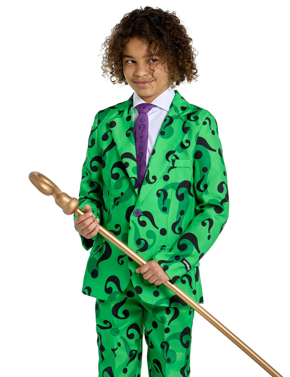 Detalle de la chaqueta y del bastón del disfraz Mr. Riddler™ Suitmeister™ para niño