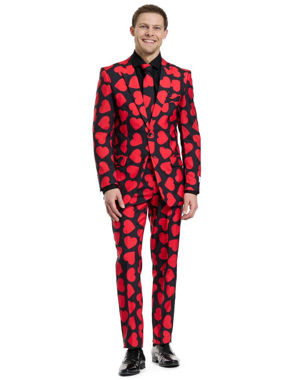 Disfraz de Mr. Rey de corazones para hombre negro con motivos de corazones rojos