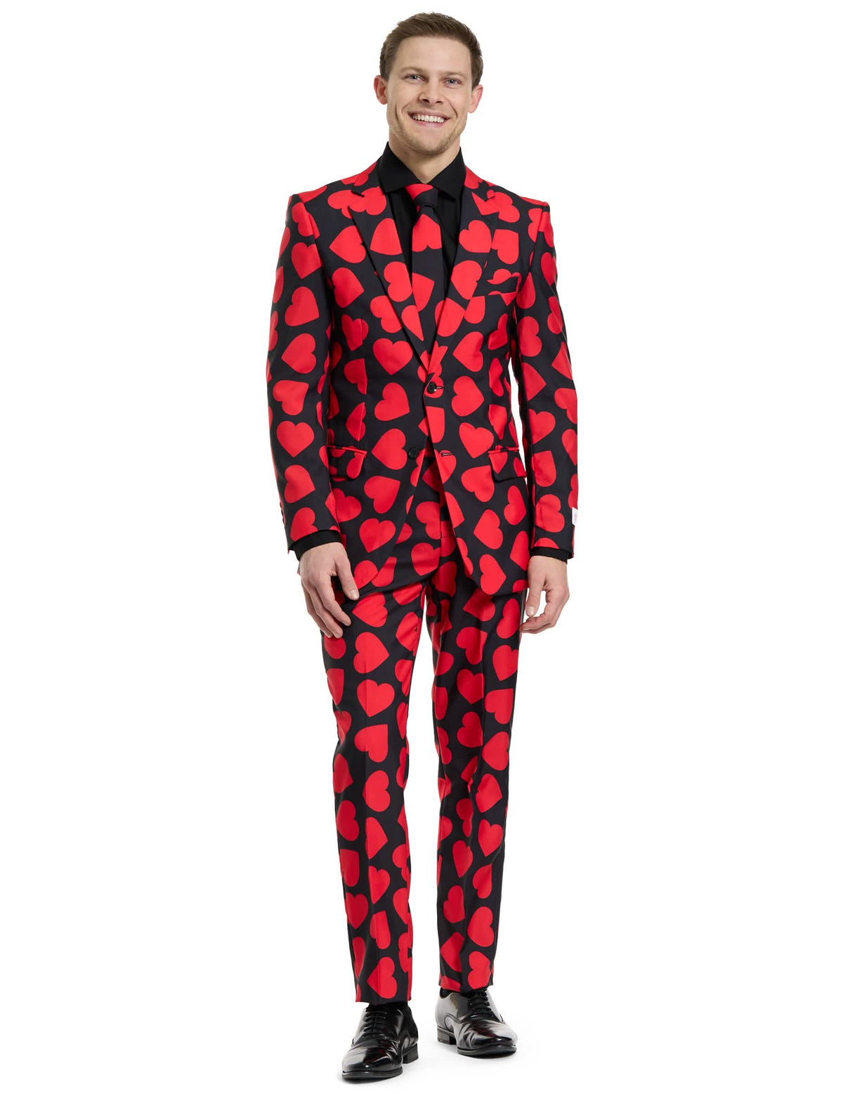 Disfraz de Mr. Rey de corazones para hombre negro con motivos de corazones rojos