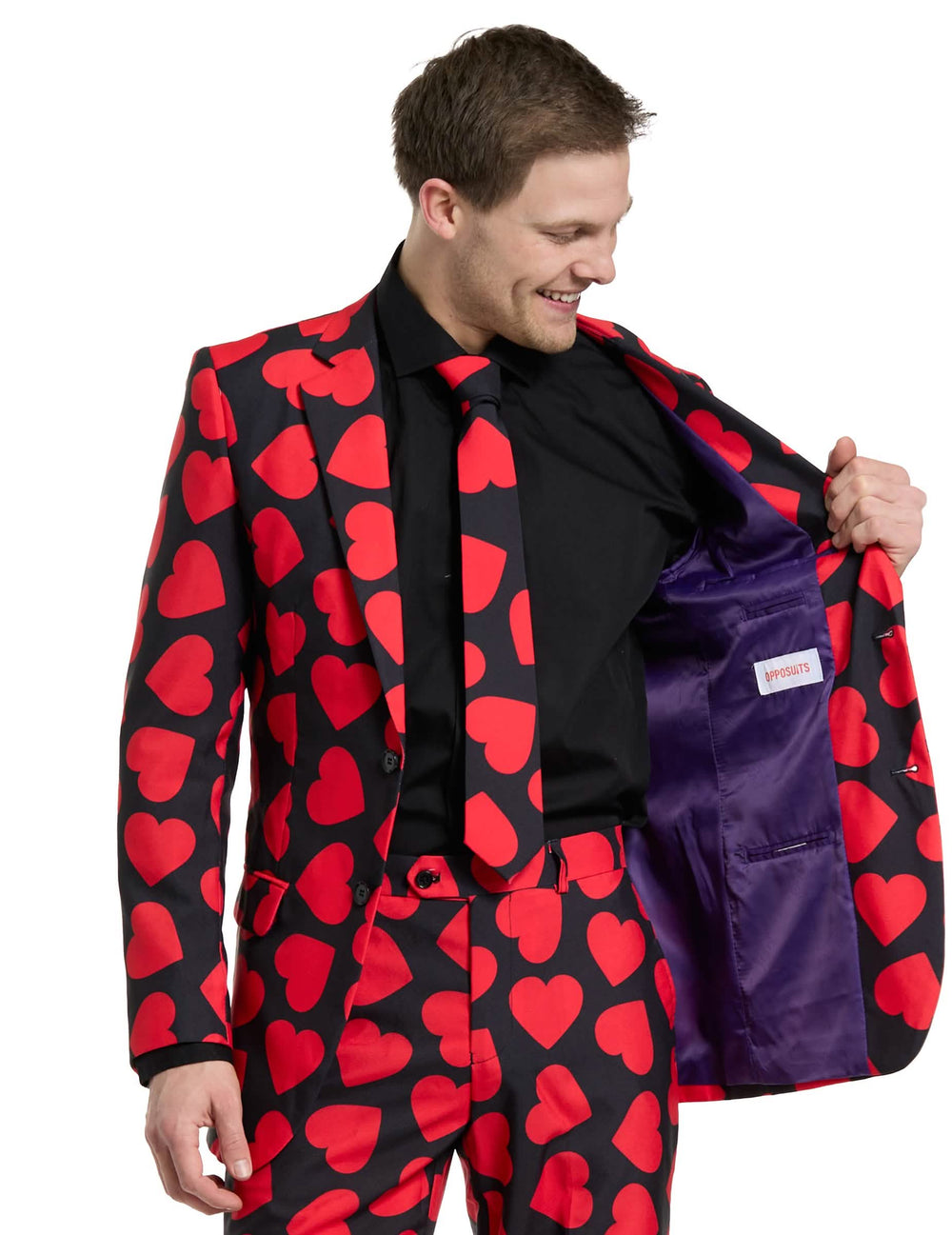 Detalle del forro violeta de la chaqueta del disfraz Mr. rey de corazones