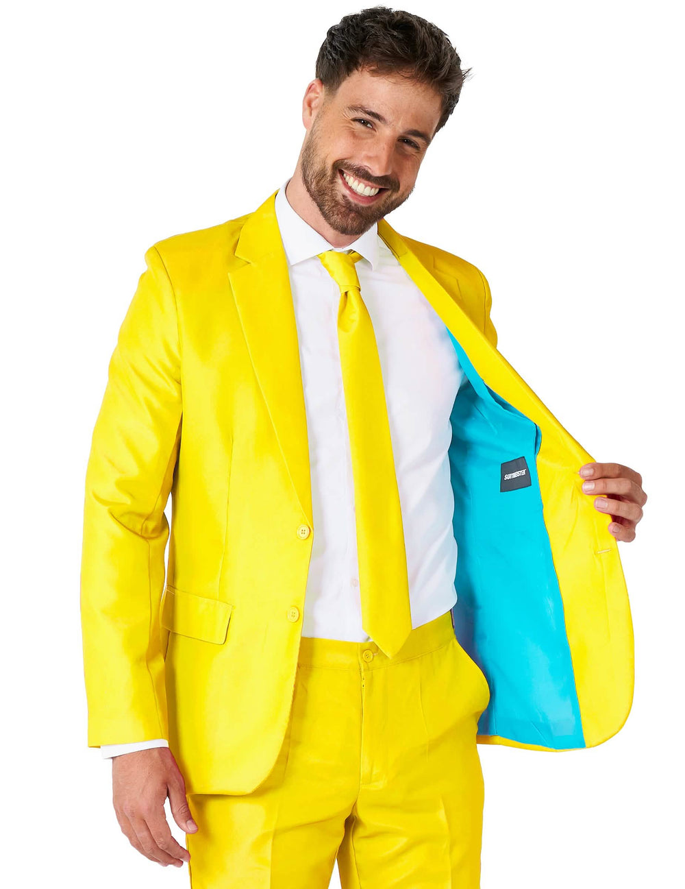 Detalle del forro turquesa de la chaqueta del disfraz Mr. Solid para hombre amarillo