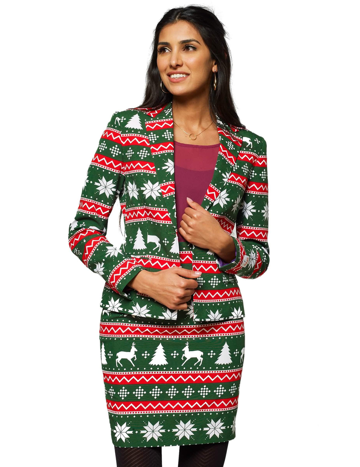 Costume Mrs. Festive pour femme vert avec motifs de Noël rouges et blancs